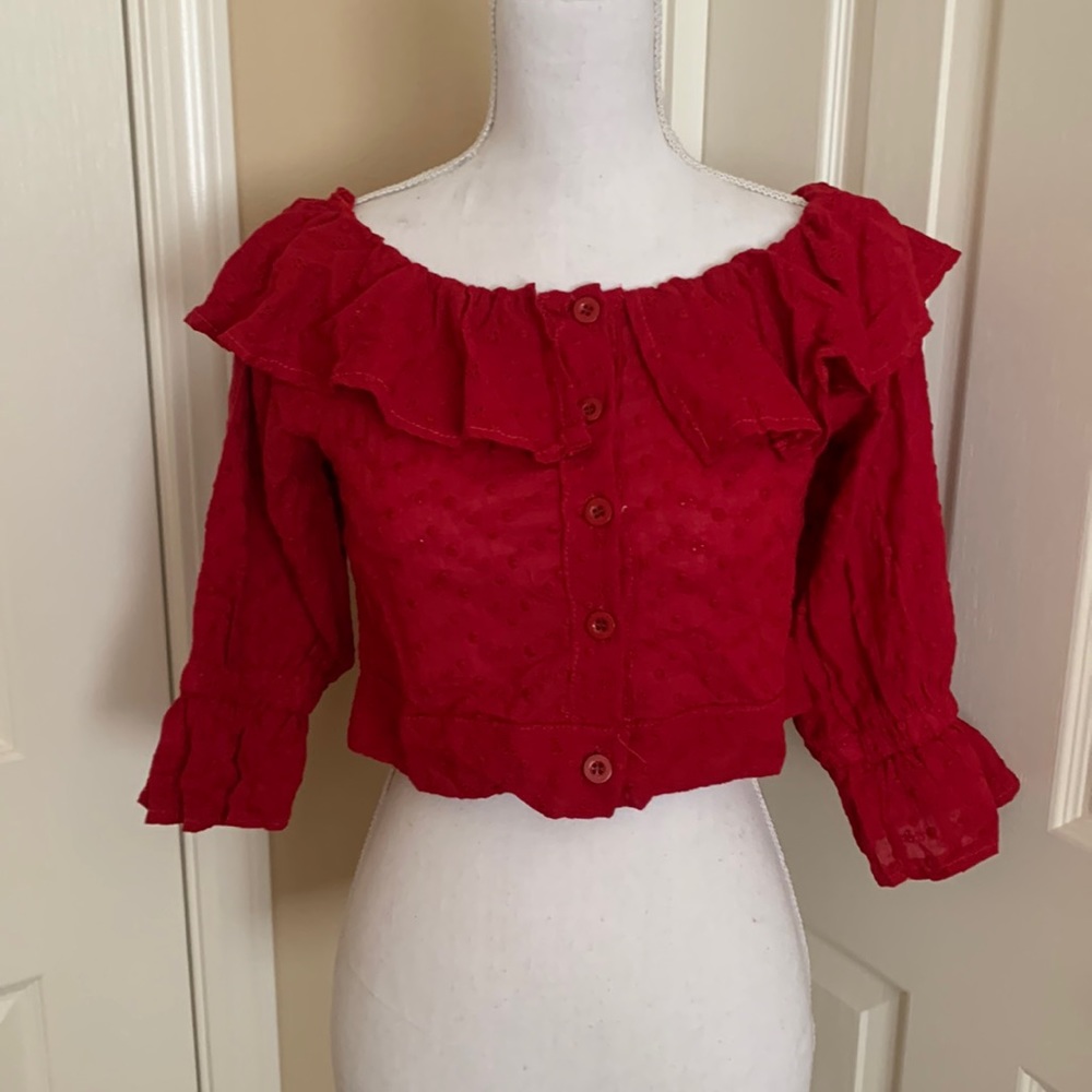 Red eyelet 3/4 sleeves cropped blouse